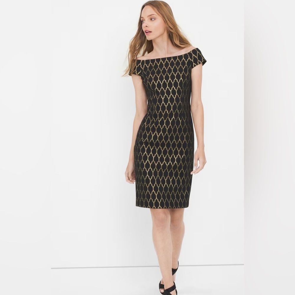White House Black Market Off-The-Shoulder Black Jacquard Shift Dress